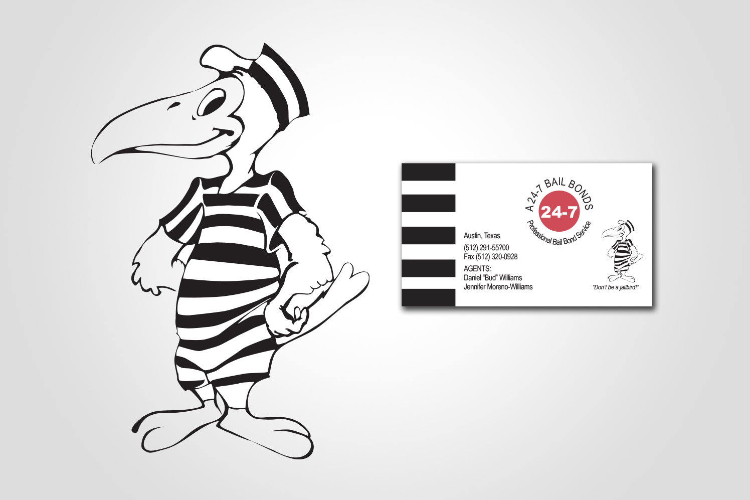 A-24/7 Bail Bonds business card and character