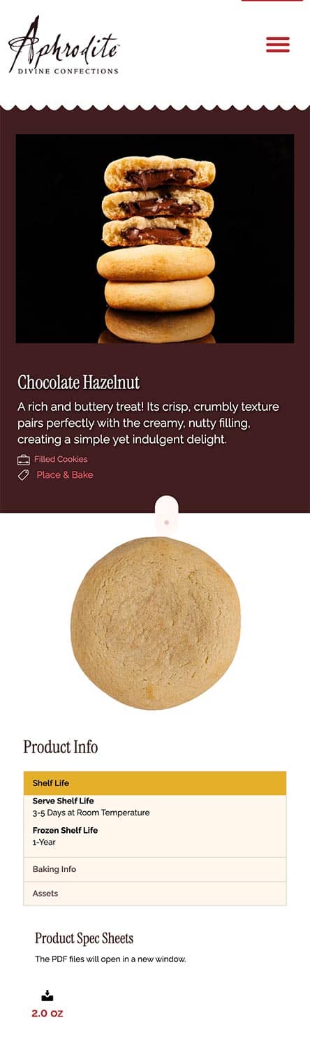 mobile aphroditedesserts dessert chocolate hazelnut product page example of Beautiful Outputs without fuss.